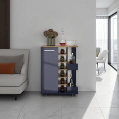 Bar Cart 32.3" H, 1 Door, 10 Shelves, Alby Blue / Natural Oak - Living Room