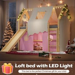 Twin Size House Loft Bed with Sills and Tents, Solid Wood Loft Bed with Ladders and Slide, Chic Design with Lights, No Box Spring Needed, Natural+Pink
