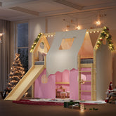 Twin Size House Loft Bed with Sills and Tents, Solid Wood Loft Bed with Ladders and Slide, Chic Design with Lights, No Box Spring Needed, Natural+Pink
