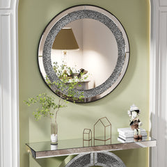 33.46"(85cm)Crystal Crush Diamond Sparkly round Silver Mirror for Wall Decoration