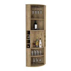 Corner Bar Cabinet 71"H with Five Shelves, Eight Bottle Cubbies and Stemware,Macadamia