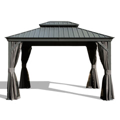 10' X 12' Hardtop Gazebo, Upgraded Metal Gazebo with Drainage System, Dual-Layer Galvanized Steel Roof, Curtain and Netting, Outdoor Shelter Canopy for Patio, Garden, and Backyard, Grey