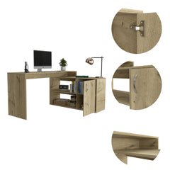 L-Shaped Desk, Single Door Cabinet, Two Open Shelves, Two Interior Shelves, Light Oak
