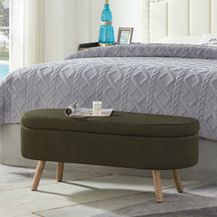 Luxury Oval Boucle Storage Ottoman Bench with Wood Legs 350lb Weight Capacity & Safety Hinge, for Living Room, Bedroom Entryway,DARK GREEN