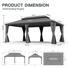 14' X 20' Hardtop Gazebo, Upgraded Metal Gazebo with Drainage System, Dual-Layer Galvanized Steel Roof, Curtain and Netting, Outdoor Shelter Canopy for Patio, Garden, and Backyard, Grey