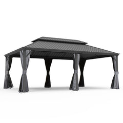 14' X 20' Hardtop Gazebo, Upgraded Metal Gazebo with Drainage System, Dual-Layer Galvanized Steel Roof, Curtain and Netting, Outdoor Shelter Canopy for Patio, Garden, and Backyard, Grey