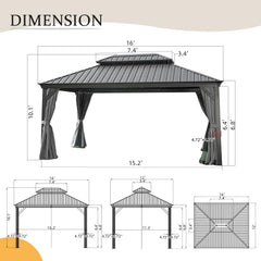 12' X 16' Hardtop Gazebo Outdoor Metal Gazebo with Galvanized Steel Double Roof Canopy, Aluminum Frame, Curtains and Netting for Patio, Deck, Garden, Grey