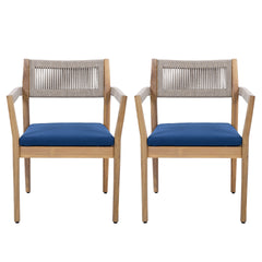 Braided Acacia Wood Outdoor Dining Chairs Set of 4 – Teak Look with Beige Rope & Navy Cushions,All-Weather Patio Furniture for Garden, Poolside, and Backyard (Durable & Stylish)