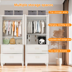 71" Tall Metal Wardrobe Cabinet with 2 Drawers and Hanging Rod, 2 Doors Wardrobe Closet with Shelf for Bedroom, Office, Laundry Room,Entryway ,Foyer,Guesthouse (White)