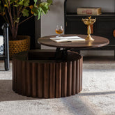 Round Coffee Table With Lift Handcrafted Relief Sturdy Pedestal Wooden Tea Table for Living Room no need to Assemble
