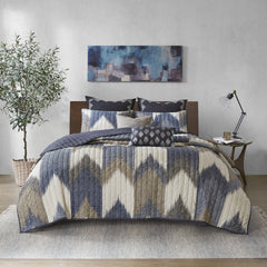 3 Piece Printed Cotton Quilt Set Navy Full/Queen