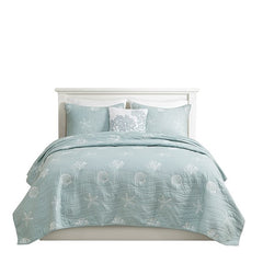 4 Piece Cotton Reversible Embroidered Quilt Set with Throw Pillow Aqua Full/Queen