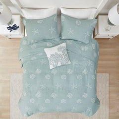 4 Piece Cotton Reversible Embroidered Quilt Set with Throw Pillow Aqua Full/Queen