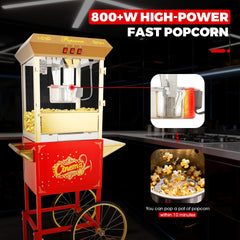 16Oz Commercial Popcorn Machine With Cart and 16 Oz Kettle , Movie Theater Popcorn Machine, Red Golden Pop Corn Machine with 3-Switch Control & Steel Frame Tempered Glass Doors