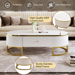 Modern Oval Coffee Table with Drawers,Curved Profile Design, Gold Metal Decor, Center Table for Living Room in 47.2"