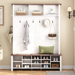 Farmhouse 4-in-1 Hall Tree with 6 Hooks, Walnut Entryway Bench with Shelves, Wooden Style Rustic Shoe Organizer with 16 Open Compartments for Mudroom, Living Room, White (OLD SKU: N721P264915K)