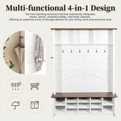 Farmhouse 4-in-1 Hall Tree with 6 Hooks, Walnut Entryway Bench with Shelves, Wooden Style Rustic Shoe Organizer with 16 Open Compartments for Mudroom, Living Room, White (OLD SKU: N721P264915K)