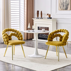 Set of 2 Yellow Puffy Bubble Chair Ball Chain Chair Velvet Dining Chairs with Gold Legs, Modern Upholstered Accent Chairs for Dining Room & Kitchen