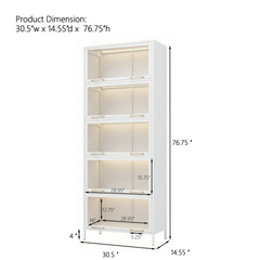 76.75'' Tall Iron Display Cabinet with Glass Doors, 5-Tier Steel Barister Bookcase with LED Lights for Collectibles, Modern Style Curio Cabinet for Home Living Room Office Study & Playroom - White