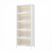76.75'' Tall Iron Display Cabinet with Glass Doors, 5-Tier Steel Barister Bookcase with LED Lights for Collectibles, Modern Style Curio Cabinet for Home Living Room Office Study & Playroom - White