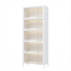 76.75'' Tall Iron Display Cabinet with Glass Doors, 5-Tier Steel Barister Bookcase with LED Lights for Collectibles, Modern Style Curio Cabinet for Home Living Room Office Study & Playroom - White