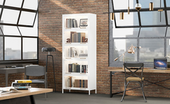 76.75'' Tall Iron Display Cabinet with Glass Doors, 5-Tier Steel Barister Bookcase with LED Lights for Collectibles, Modern Style Curio Cabinet for Home Living Room Office Study & Playroom - White