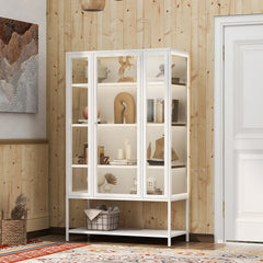 67.25'' Tall Iron Display Cabinet with Glass Door and LED Lights Steel Curio Cabinet for Collectibles Figures Trophies 3-Sided Glass Display Case for Home Office Study Room Stores Playroom - White