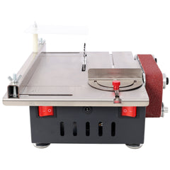 Mini Table Saw,Belt Sander, stainless steel top,4pcs Blades,10pcs Sanding Blet,7 Gear Adjustable 0-90° Angle, Available for Wood/PCB/Acrylic/Plastic,DIY Model Crafts Cutting Tool