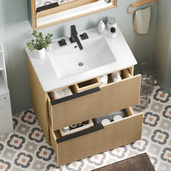 30" Bathroom Vanity with Ceramic Sink and Full-Extension Drawers, Soft Close Undermount Drawer Slides, Fluted Design, Natural
