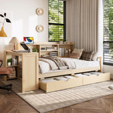 Twin Size Corner Daybed with Storage Drawers & Desk & Charging Port & Bookcase of Natural Color