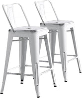 Modern Light Weight Industrial Contemporary Rustic Vintage Costal Metal Barstools with Bucket Back and 4 Leg Design, Seat Bar Stools (Set of 2) (30" Seat, Distressed White)