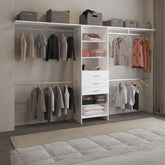 Plego 69"W - 118"W Drawers Closet System, Five Shelves, Four Hanging Rods, Three Drawers White