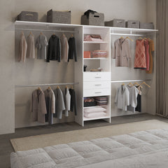 Plego 69"W - 118"W Drawers Closet System, Five Shelves, Four Hanging Rods, Three Drawers White