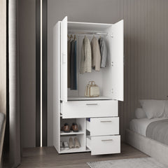 Alpine Armoire with Double Doors, Interior Hanging Rod, Shoe Racks and Multiple Drawers, Freestanding Wardrobe