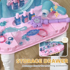 Qaba Kids Vanity Set with Mirror and Stool, Castle Design Makeup Table with Light, Music, Hair Dryer, 18 Accessories, Girls Pretend Play Toys for 3-6 Years, Multicolor