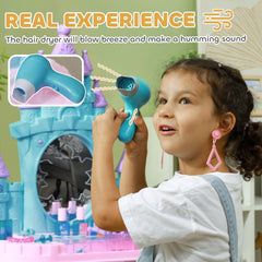 Qaba Kids Vanity Set with Mirror and Stool, Castle Design Makeup Table with Light, Music, Hair Dryer, 18 Accessories, Girls Pretend Play Toys for 3-6 Years, Multicolor