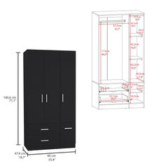 Sebree 71" High Armoire Wardrove Closet with 2 Drawers, Four Doors , Three Cabinet , Six Shelves and Hanging Rod, Bedroom Clothes Storage Cabinet Organizer Black