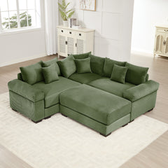 Oversized Cloud Modular Sectional Couch, Convertible Sectional Couches,Extra-Thick Armrests With An Ottoman,Soft Corduroy Fabric, Ergonomic Design,Easy Assembly,For Living Rooms Reading Rooms,Green