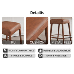 Counter Height Backless Brown Faux Leather Bar Stool – Comfortable Padded Seat with Sturdy Metal Legs & Footrest, Stylish Seating for Kitchen Island, Pub & Dining Counter,2 Sets