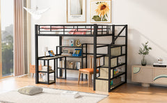 Full Size Metal Loft bed with Staircase, Built-in Desk and Shelves, Black
