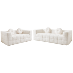 Modern Boneless Couch with Two Circular throw pillows,Skin-friendly lychee-textured long-pile polyester fabric,Checkered Fabric Design Foam Sofa