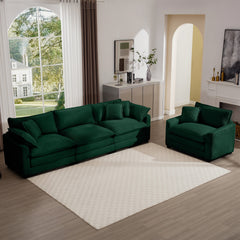 Mid-Century Modern Sectional Set of Two, One 3-Seater Sectional and One Single-Seater Sectional with 2 Arm Pillows and 4 Throw Pillows, Living Room Sectional Green Corduroy Fabric