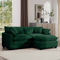 Corduroy Two-Seater Sofa with 1 Footrest, L-Shaped 2-Seater Sofa with Ottoman for Small Living Spaces, Green Corduroy Sofa