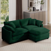 Corduroy Two-Seater Sofa with 1 Footrest, L-Shaped 2-Seater Sofa with Ottoman for Small Living Spaces, Green Corduroy Sofa