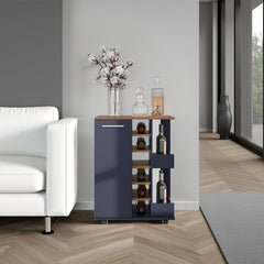 Bar Cart, Two External Shelves, Four Casters, Six Built-In Wine Rack, Single Door Cabinet, Natural Oak, Navy Blue