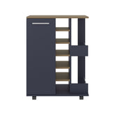 Bar Cart, Two External Shelves, Four Casters, Six Built-In Wine Rack, Single Door Cabinet, Natural Oak, Navy Blue