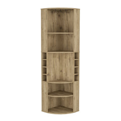 Oban Corner Bar Cabinet with Five Shelves , Eight Bottle Cubbies and Steamware Macadamia