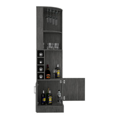 Syrah Corner Bar Cabinet, Eight Bottle Cubbies, Double Door, Two Open Shelves -Smokey Oak