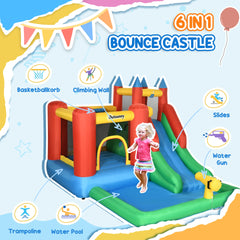 Outsunny Kids Bounce House Inflatable Slide with Splash Pool, Water Cannon, Climbing Wall, Inflator Included, 6 in1 Bouncy Castle Kids Backyard Activity Outdoor Water Play Toy