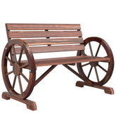 Outsunny 41" Wooden Wagon Wheel Bench, Rustic Outdoor Patio Bench Weather Resistance Furniture, 2-Person Slatted Seat with Backrest, Carbonized